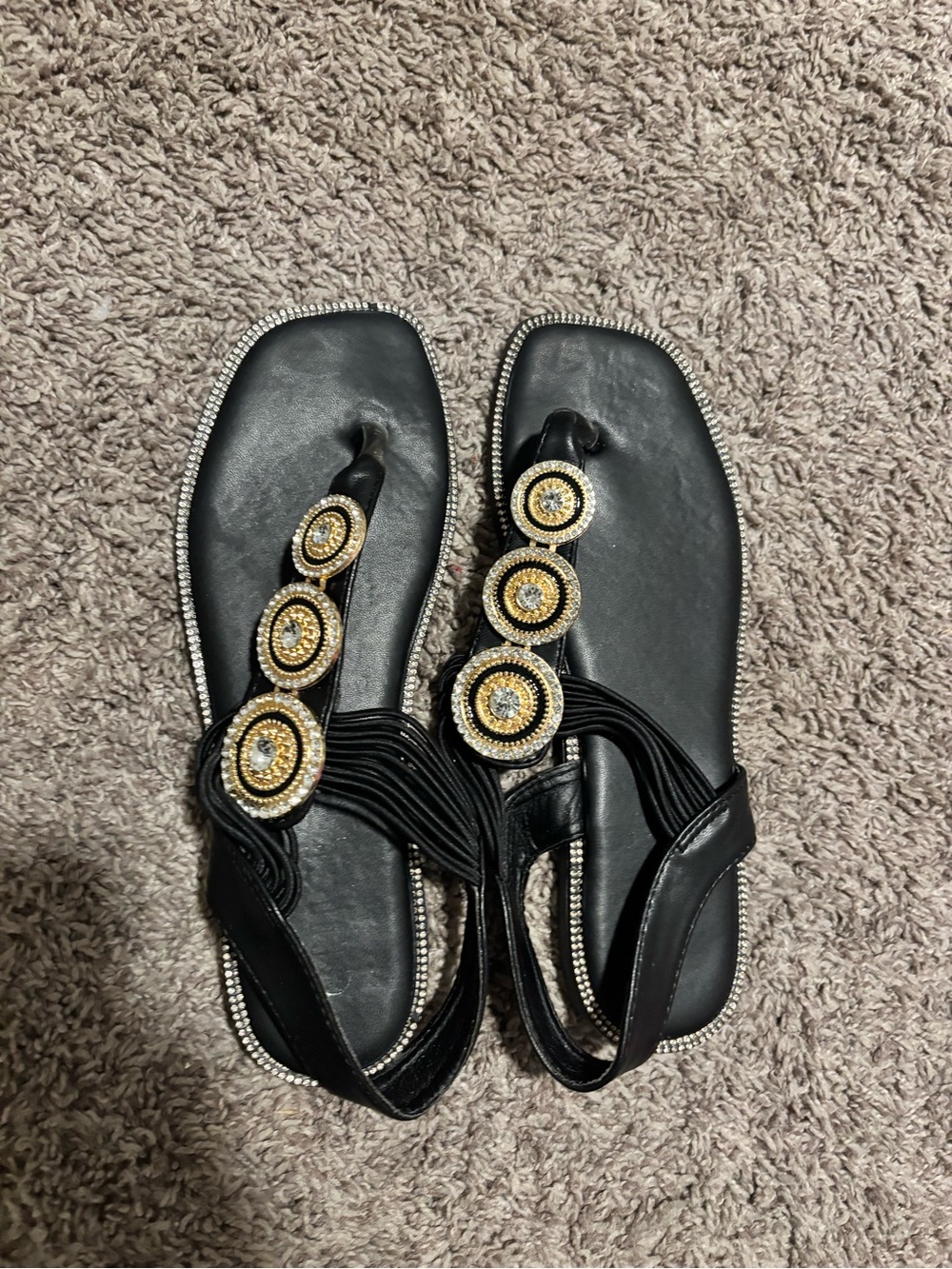 Black Beaded Thong Sandals with Gold Accents